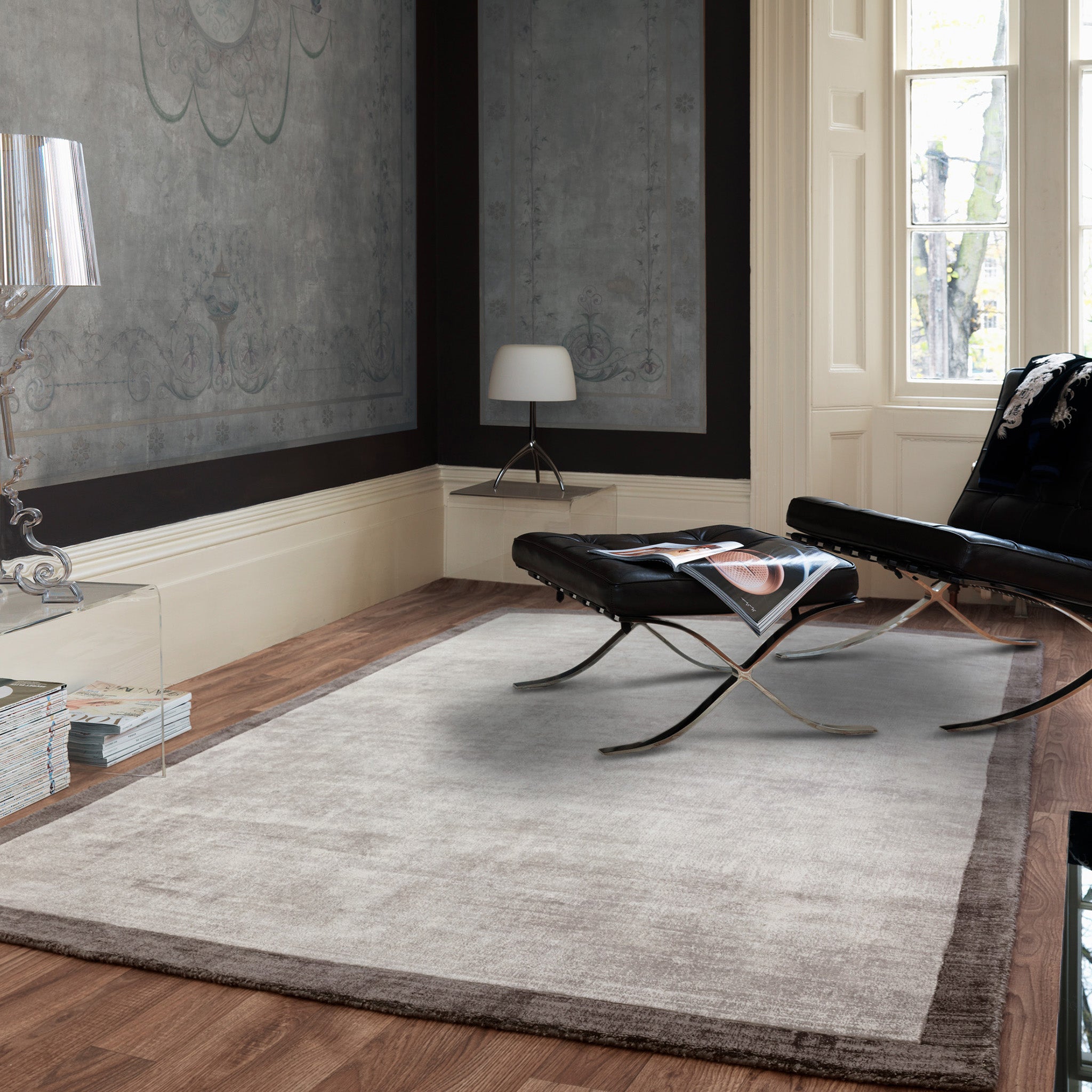 Hand Woven Viscose Rug with Border in Silver and Grey